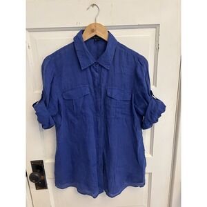Theory Women's Marandel Royal Blue Button Down Ramie Roll Tab Sleeves Size Large